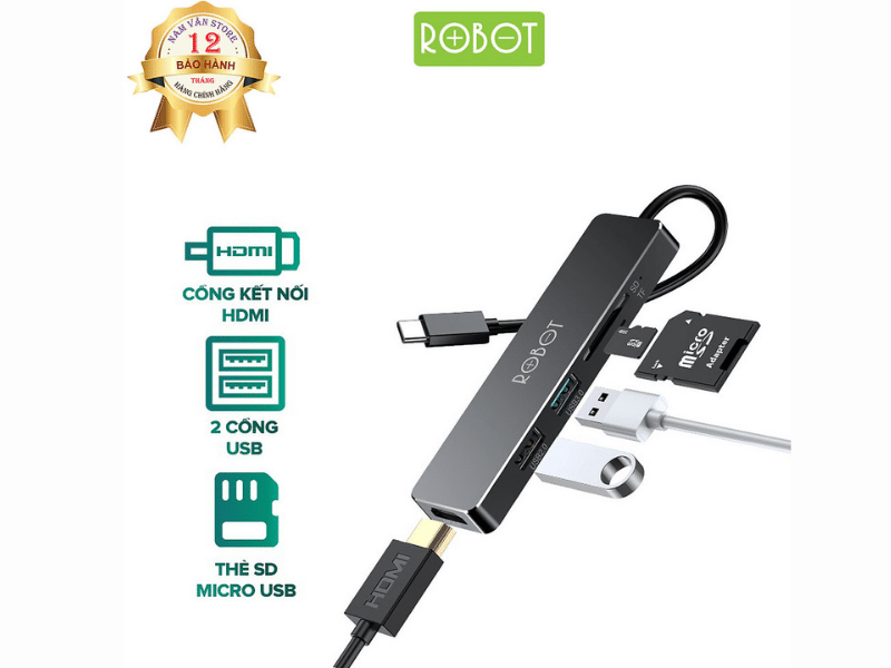 Hub Robot Type C chuyển đổi đa năng 5 in 1 HT240S Đen (USB, HDMI, PD,SD,TF)